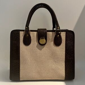 BRAHMIN Harbour Collection Doctor Bag Satchel Brown Burlap/Woven Leather